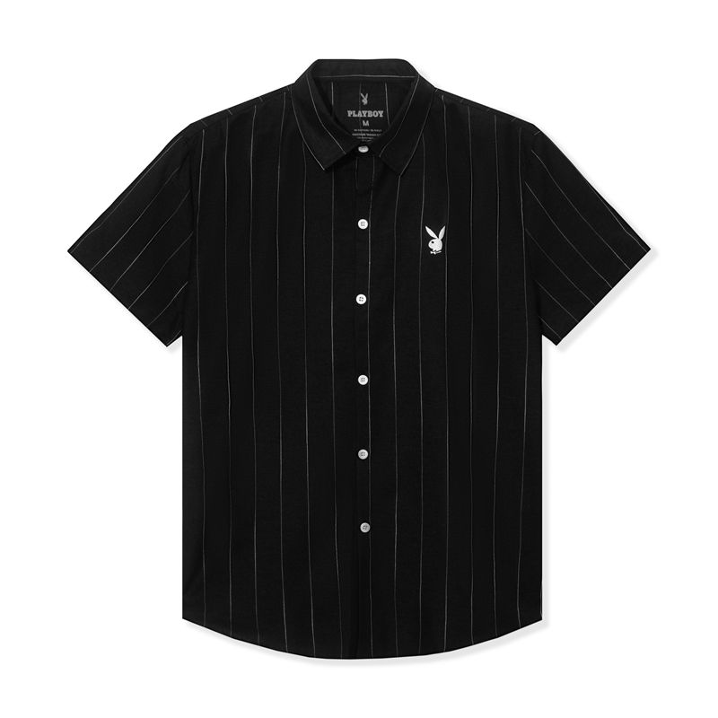 Playboy Striped Button Down Camp Men's Shirts Black | 241097KUF