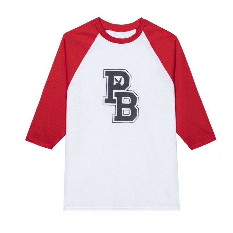 Playboy Varsity Letters Raglan Women\'s T Shirts White / Red | 593062UVL