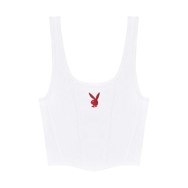 Playboy White Corset Ribbed Women\'s Tank White | 318065NMP