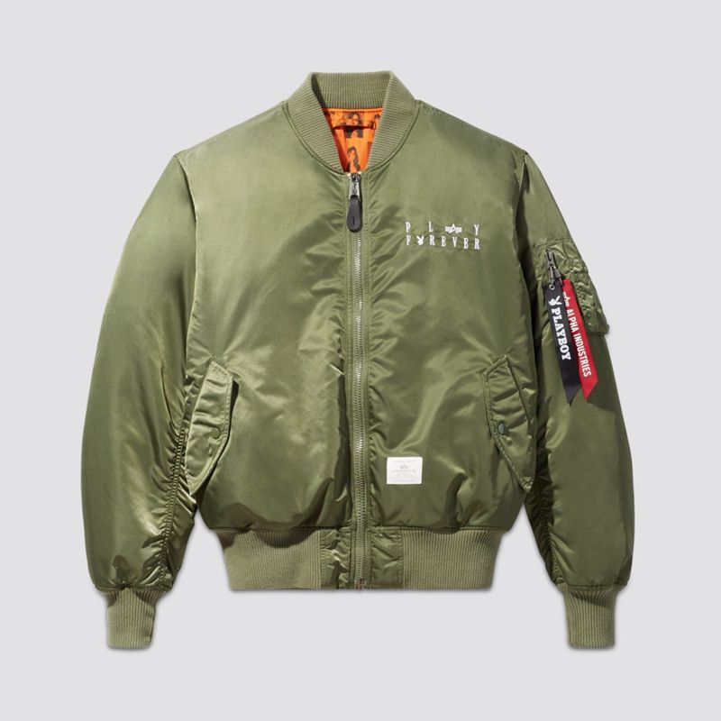 Playboy X Alpha Industries Reversible Ma-1 Flight Jacket Men's Jackets Olive | 709321TVJ