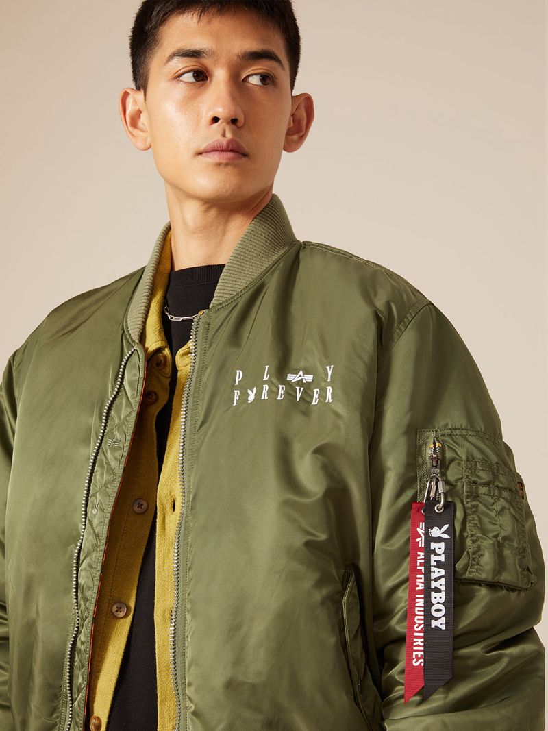 Playboy X Alpha Industries Reversible Ma-1 Flight Jacket Men's Jackets Olive | 709321TVJ