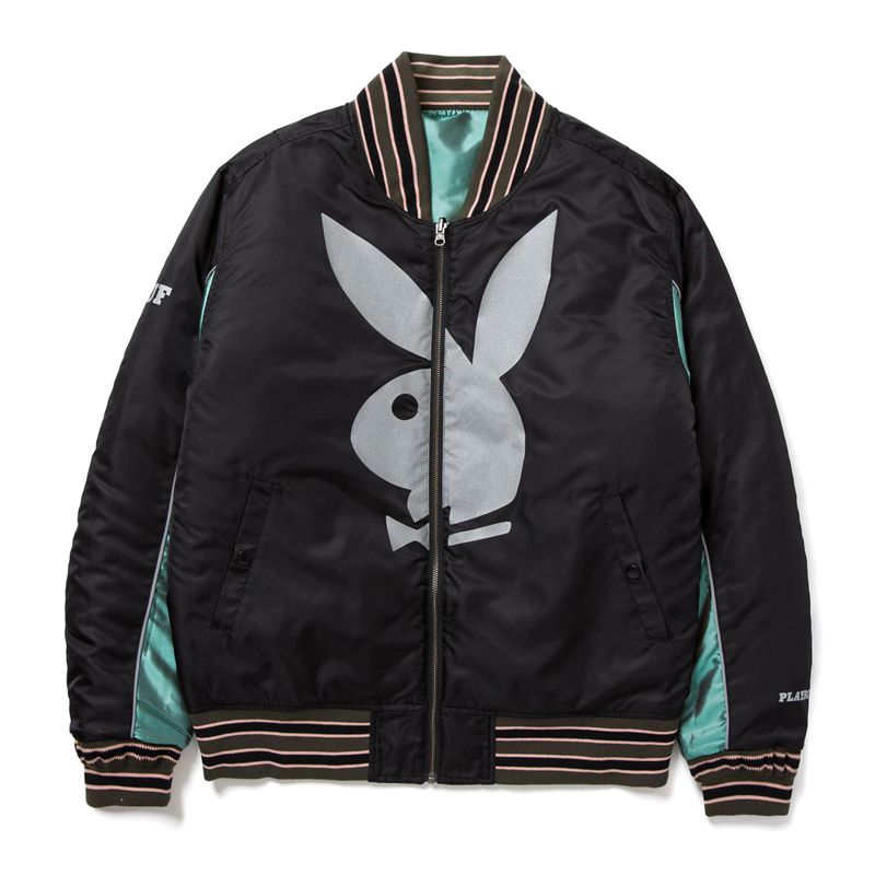 Playboy X Huf Reversible Bomber Jacket Men\'s Jackets Black / Green | 125049YCU