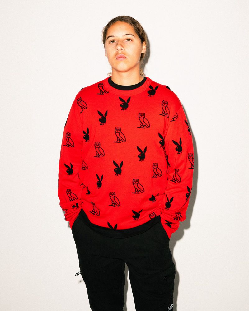 Playboy X Ovo Intarsia Knit Men's Sweaters Red | 125370NFI