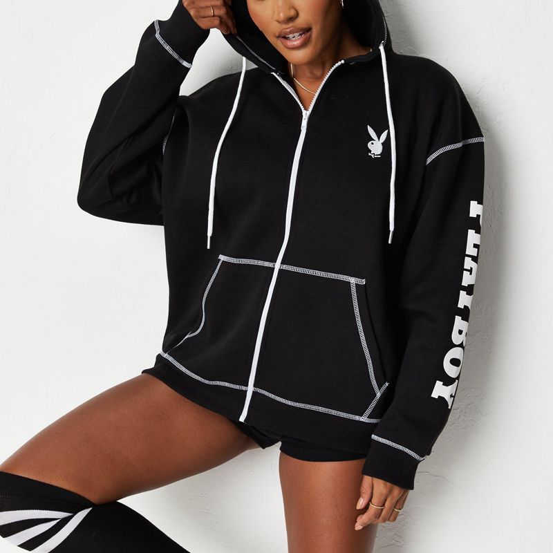 Playboy Active Zip Through Women's Hoodie Black | 062359SLZ