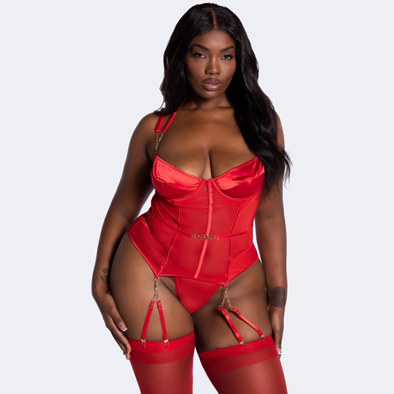 Playboy Chain Is Love Bustier Set Women's Lingerie Red | 653029HOZ