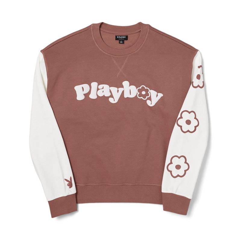 Playboy Contrast Camp Crew Neck Women's Hoodie Brown | 651908ZDX