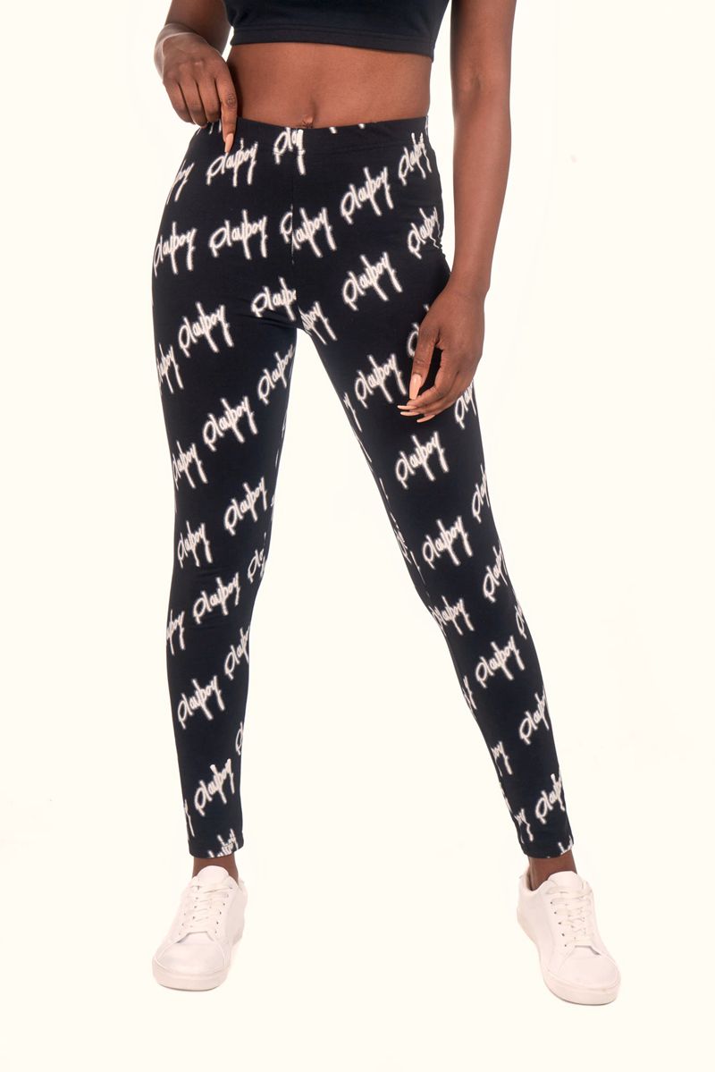 Playboy Graffiti Script Legging Women's Pants Black / White | 798360CBR