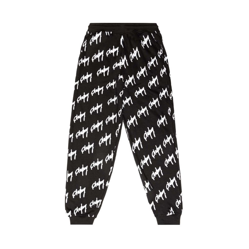 Playboy Graffiti Script Oversized Joggers Women's Pants Black / White | 486390RNZ