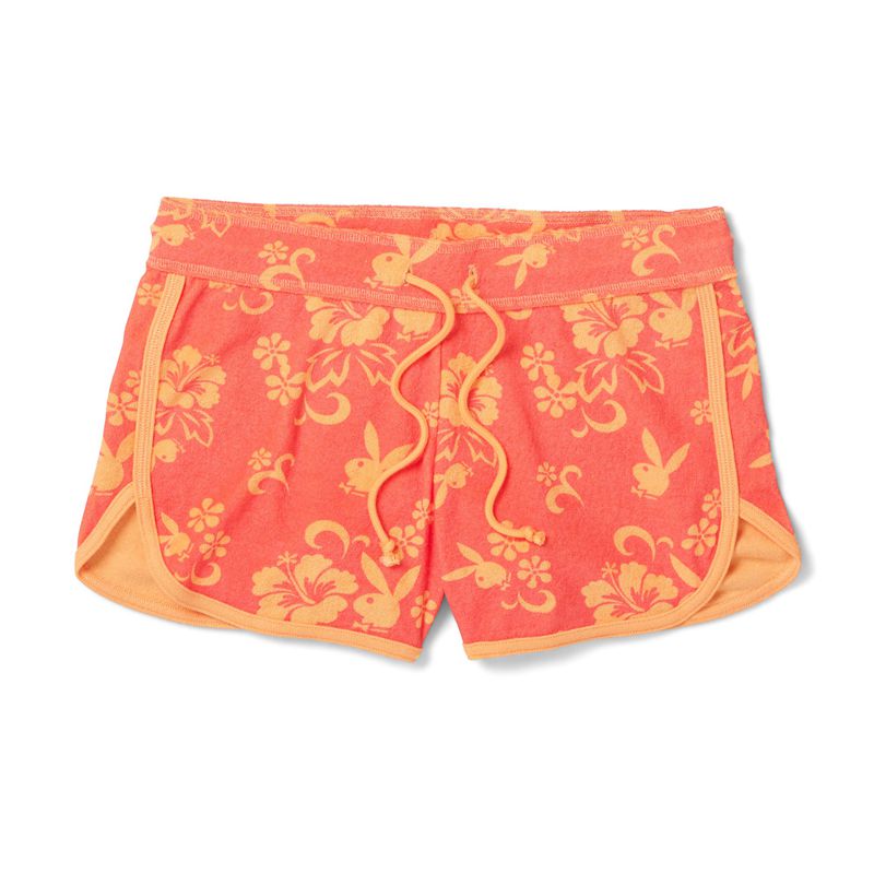 Playboy Hibiscus Terry Sweats Women's Shorts Red / Orange | 318265TIZ