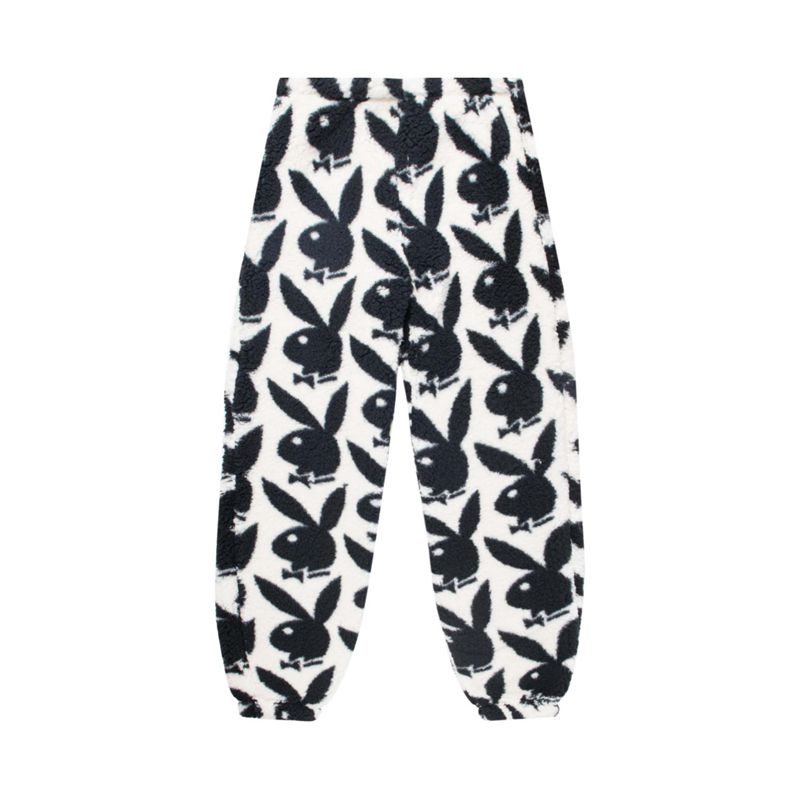 Playboy Repeating Rabbit Head Sherpa Sweats Women's Pants White / Black | 216570CMK